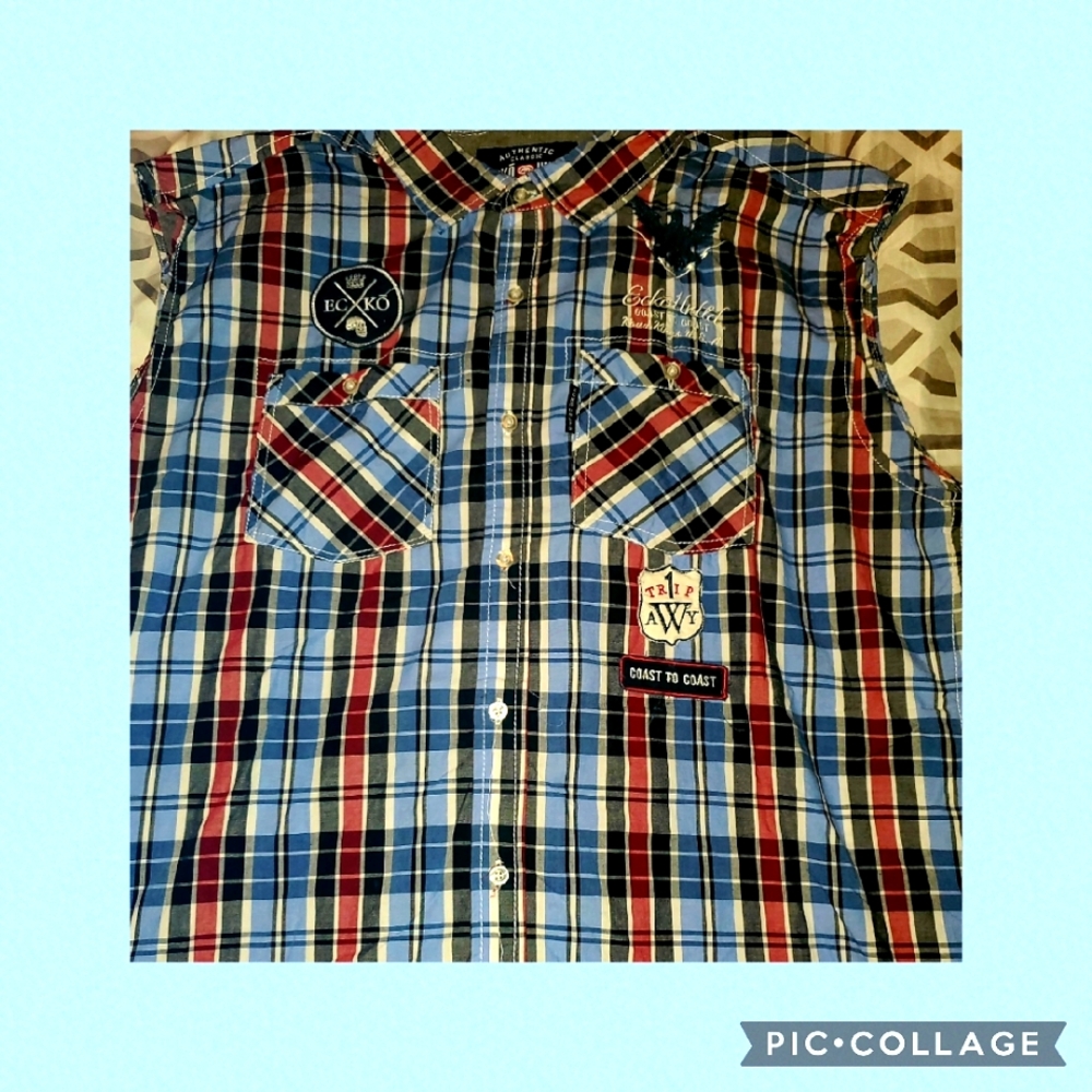 Ecko Unlimited Men's Multicolor Plaid Sleeveless Shirt